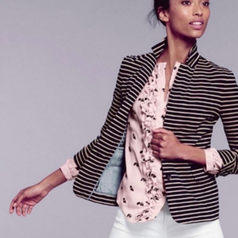 EUC J.Crew Maritime Striped Knit Blazer in Black and Tan, sz Small